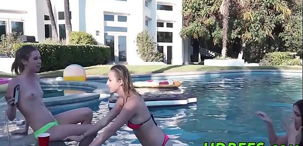  Pool party teens sucking and riding cock outdoors